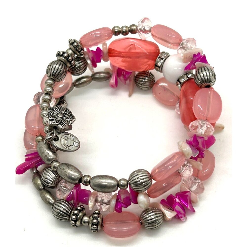 Charming Charlie Memory Wire Wrap Pink Magenta Silver-tone Beaded Bracelet Boho